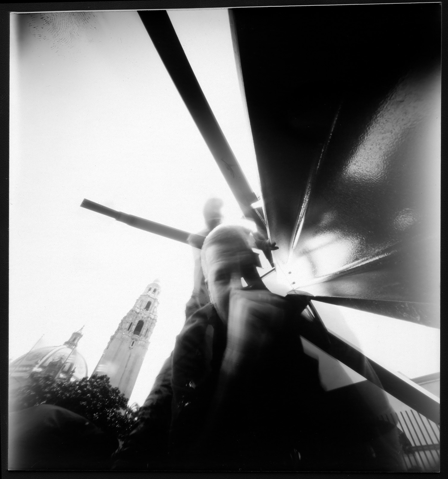 Black and white pinhole photograph of Chris Keeney and Tracy M in the sculpture garden in Balboa Park San Diego California