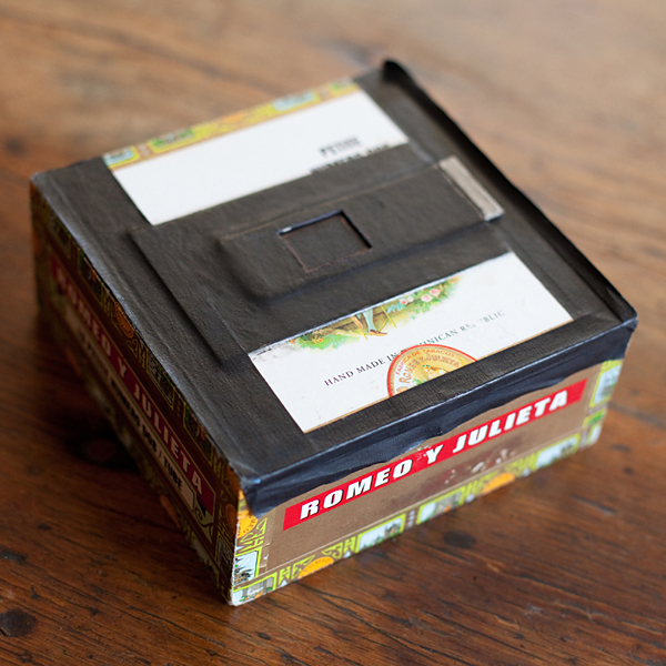 Homemade DIY Arturo Fuentes photographic paper negative wooden cigar box pinhole camera