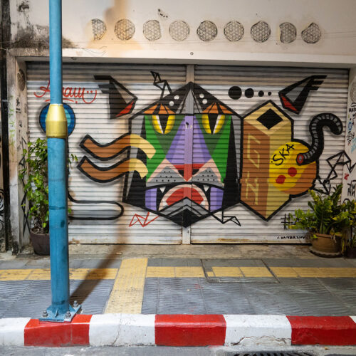 a night time photograph of a street in Phuket Thailand with colorful art painted on the side of a roll top door with a black panther and the letters GH and SKA on the side