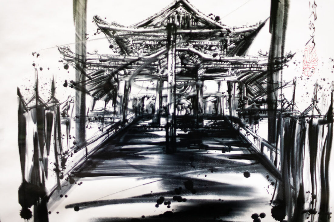 close up photograph of a black and white Japanese brush stroke art work of a Myōgon-ji Buddhist temple located in the city of Toyokawa