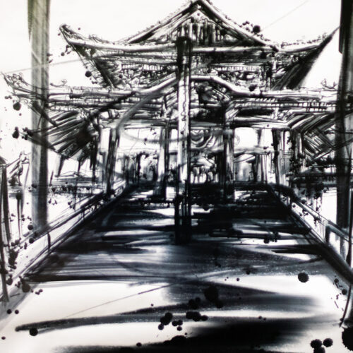 close up photograph of a black and white Japanese brush stroke art work of a Myōgon-ji Buddhist temple located in the city of Toyokawa