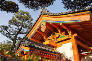 color photograph of the orange roofline at the Kosanji Buddhist Temple on Ikuchijima Island in the Hiroshima prefecture Japan