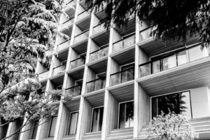 black and white photograph of a building in Tokyo Japan with square and rectangular balconies and windows framed with the natural organic shapes of the leaves and branches of the trees in front of it.
