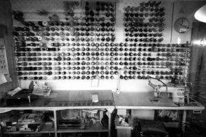 black and white photograph and a unique perspective of a sewing shop in Tokyo Japan