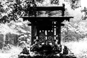 Black and white high contrast photograph of a trailside Japanese shrine with two large stone wrapped in a flower patterned cloth. Backlit with trees, plants and grass. The shrine is made of wood and stones.