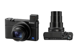 two separate photos of the front and top view of the Sony RX100 Mark 7 Digital pocket camera