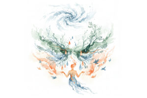 An abstract image symbolically illustrating Human Algorithm's Four Pillars of practicing creating art by studying the principles of playing, learning, seeing and empathizing.