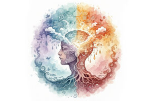 A watercolor illustration of a human head in profile, integrated into a circular mandala. The left side is cool blue with clouds, rain, and birds; the right side is warm orange with geometric patterns, roots, and fiery shapes.
