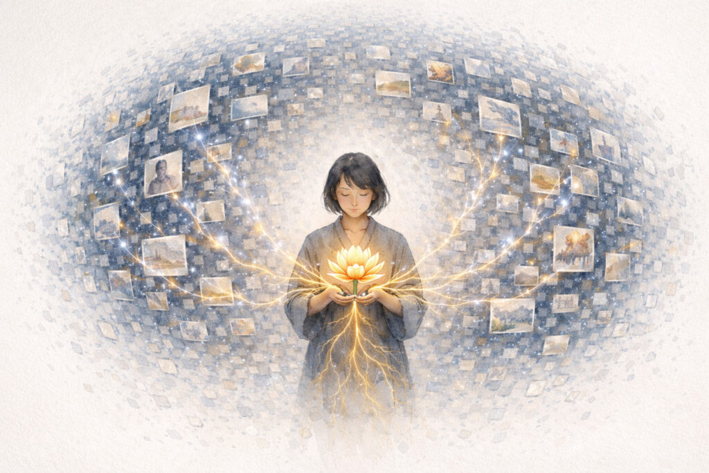 A young woman holding a glowing lotus flower surround by photographs circling around her head and warm electrical pulses are going to the lotus flowers from the image. Root are glowing with energy