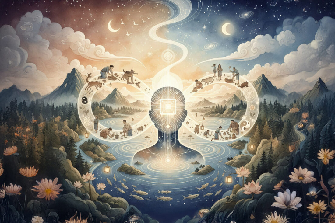 Illustrated human silhouette with a glowing circuit-like mind at the center of a circular landscape, showing people learning, playing, observing, and empathizing within nature, symbolizing human awareness and adaptive intelligence.