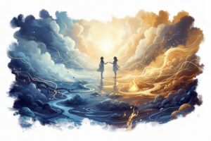 Two silhouetted figures reach toward each other across a luminous threshold, surrounded by swirling clouds of deep blue and warm gold, with a small flame glowing between them, symbolizing empathy, connection, and a new state of human consciousness.