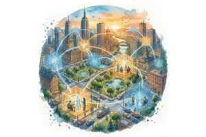 A futuristic city where humans and AI collaborate to create new innovations, helping companies work smarter and improving life for all sentient beings.