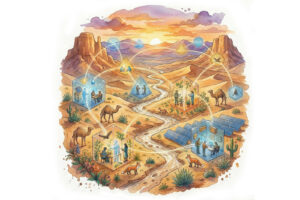 Humans and AI collaborate in think tanks to design advanced solar PV, inverters, grid‑tied/off‑grid systems, and sustainable water technologies that support ecosystems and global cities.