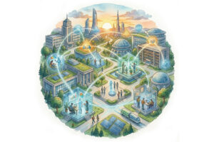 Humans and AI collaborate in idea labs to design innovative education tools and sustainable technologies that support people, plants, and animals.