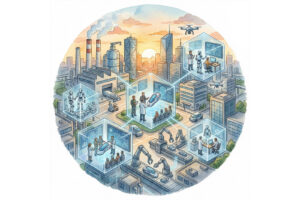 A detailed illustration of humans and AI collaborating in think tanks to design planes, cars, drones, and sustainable technologies that support global industry and the environment.