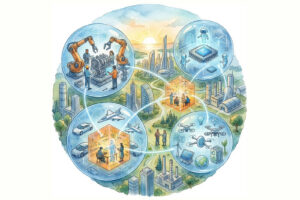 Futuristic city with spheres of humans and AI collaborating across robotics, learning, and sustainability, symbolizing awareness, curiosity, empathy, and shared innovation.
