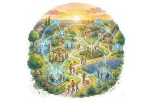 Futuristic community where humans and AI collaborate through connected homes and digital spaces, emphasizing presence, attention, care, and meaningful creation.