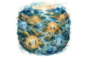 People in glowing geometric hubs connected by light across a watercolor landscape; human-AI synergy through Play, Learn, See, and Empathize.