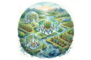 Futuristic research domes where humans, AI, and nature collaborate to grow food sustainably, reflecting empathy, connection, and human‑centered innovation.
