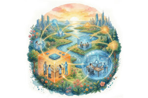 A vibrant illustration of humans and AI collaborating in global think tanks to design semiconductors, transform businesses, and create sustainable technologies.