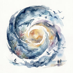 Watercolor spiral of whales, seabirds, coral, and human figures merging into a glowing ocean vortex, illustrating the interconnection of marine life and human impact on the sea.
