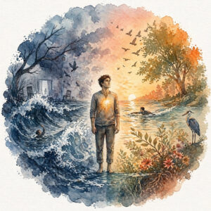 Watercolor mandala illustration of a man standing between storm and calm waters, symbolizing resilience, healing, and enduring optimism.