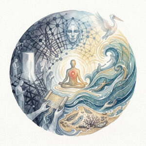 A circular watercolor illustration depicting a glowing meditating figure in the center. To the left is a dark, rigid world with a geometric grid and people staring at their phones. To the right is a bright, flowing ocean scene with surfers riding waves, sea life, and a pelican taking flight.