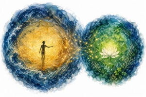 A watercolor illustration representing the dopamine-driven human desire for "more" versus the presence of nature. On the left, a human figure within a golden Flower of Life mandala symbolizes the reaching "far space" of desire; on the right, a white lotus in a green mandala represents the "near space" of being and environmental flourishing.