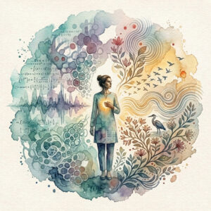 Watercolor illustration of a person with glowing heart surrounded by abstract patterns, nature, equations, and waves symbolizing consciousness and attention