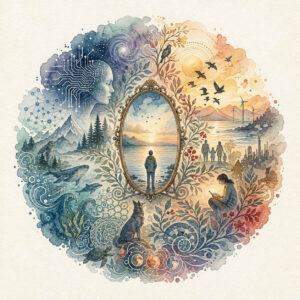 A circular watercolor mandala featuring a central mirror reflecting a person looking at a sunset over water. The left side uses cool blue tones to depict nature, marine life, and a profile face with circuit board patterns representing AI. The right side uses warm orange tones to show a family, wind turbines, a city, and a person using a smartphone.