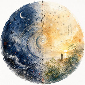Sumi-e watercolor mandala showing night and day ocean currents, a golden spiral, drifting seeds, and a lone figure at sunrise.