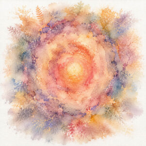Watercolor mandala with a luminous glowing center radiating outward through warm coral and peach spirals into soft purple and gold botanical edges, symbolizing the expanding circles of love in the Convenient Love essay.
