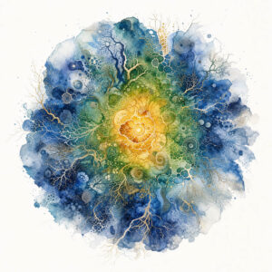 Watercolor mandala in blue, green, and gold with root-like networks, cellular patterns, and luminous organic geometry symbolizing depth, attention, craftsmanship, emergence, and interconnected growth from “The Depth of the Roots” by Chris Keeney