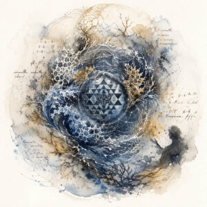 Abstract watercolor mandala in deep indigo, gray, and gold tones featuring sacred geometry, oceanic motion, handwritten equations, branching organic forms, and a solitary human silhouette — symbolizing the psychological loop of digital overload, stress, reflection, and the search for stillness explored in The Loop by Chris Keeney.