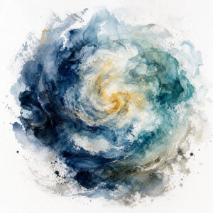 Abstract sumi-e watercolor spiral in deep blue and teal with a soft gold center, evoking balance between strength and gentleness