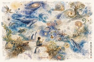 Watercolor and ink composition connecting a whale, tree, coral, galaxy, birds, fungi and human figure with equations from physics, quantum mechanics, network theory and evolutionary biology.