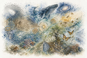 A watercolor and ink painting by Chris Keeney titled The Living Field, depicting a whale, spiral galaxy, ancient tree roots, bees, monarch butterflies, nautilus shells, coral, and a hermit crab interconnected through geometric patterns and flowing washes of indigo and gold.